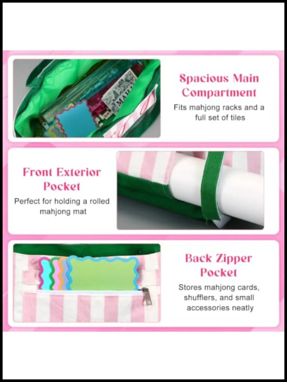 Mahjong Tote Bag Canvas 28 inch Zippered Storage for Tiles Mats Racks